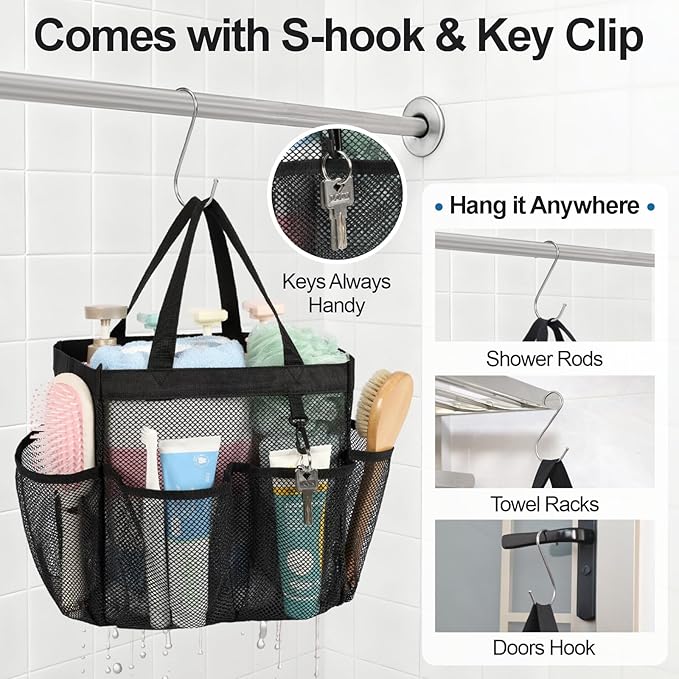 F-color Mesh Shower Caddy Portable - 2 Handles Upgrade Deeper 7 Pockets Basket Bag Tote for College Dorm Room Toiletry Bathroom Essentials Gym Camp Quick Dry with S Hook, 2 Pack, Black & Blue