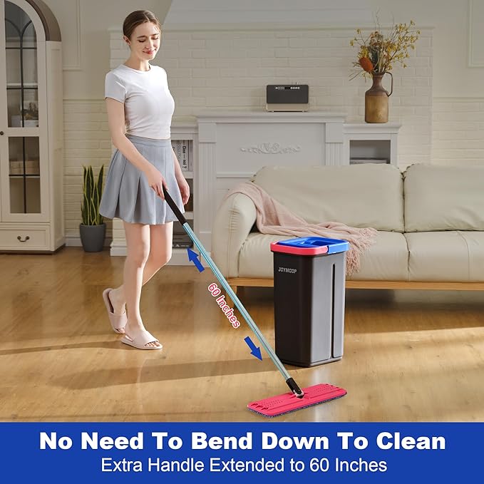 JOYMOOP Flat Mop and Bucket System, Microfiber Mop for Floor & Wall Cleaning, Household & Commercial Use, Wet Dry Cleaning for Hardwood, Tile & Glass, 60" Mop with 3 Pads