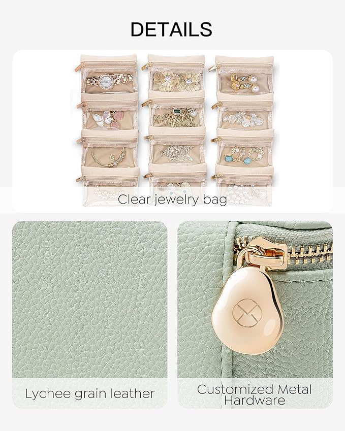 Vlando Jewelry Organizer with 12 Velvet Jewelry Bags, Travel Jewelry Case for Girls, Premium Petal Hardware Jewelry Box for Necklaces, Rings, Earrings, Bags, Birthday, Christmas Gifts for Self - Mint Green