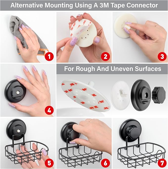 Suction Soap Dish with Hooks - Super Powerful Vacuum Suction Cup Shower Soap Holder - Rustproof Stainless Steel SS304 Soap Basket - Sponge Holder for Bathroom & Kitchen (Black)