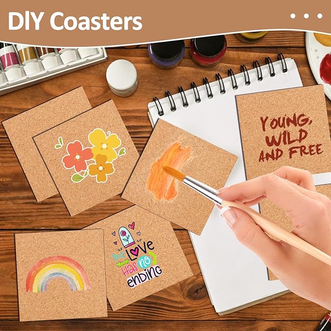 100 PCS Self-Adhesive Cork Sheets 4 x 4 Inch Squares Cork Coasters Square Corks Board Backing for DIY Crafts, Drinks and Home Tabletop Decoration