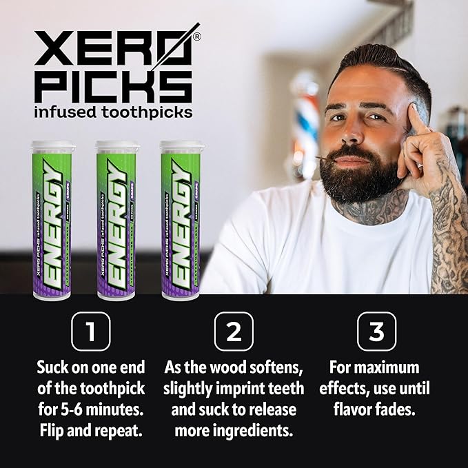 Xero Picks Energy Caffeine Flavored Toothpicks B12 for Focus & B6, 60 Picks (Pack of 3) (Grape) Sugar-Free Alternative to Energy Mints & Gum - Kosher