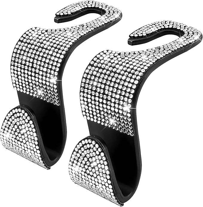 Dermasy 2 Pack Car Hooks, 2021 New Bling Rhinestones Crystal Hooks Car Decorations Auto Seat Back Organizers Strong and Durable Backseat Hanger Storage Universal for SUV Truck Vehicle (Silver)