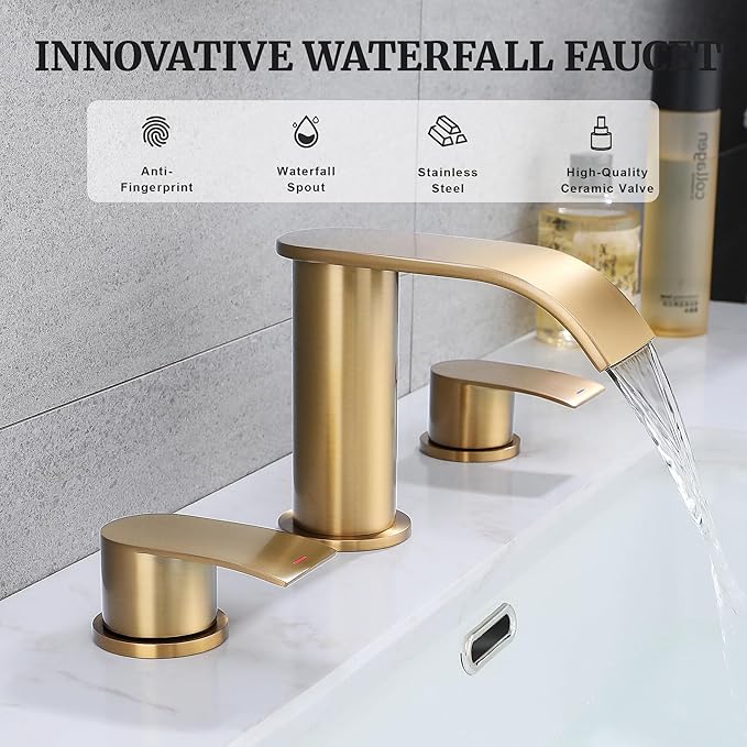 Ultimate Unicorn 8 inch Bathroom Faucet Champagne Bronze, Waterfall Bathroom Sink Faucet with Metal Pop-up Sink Drain Stopper and 2 Supply Hoses, DJS-MP-3JT-CG-PB-C