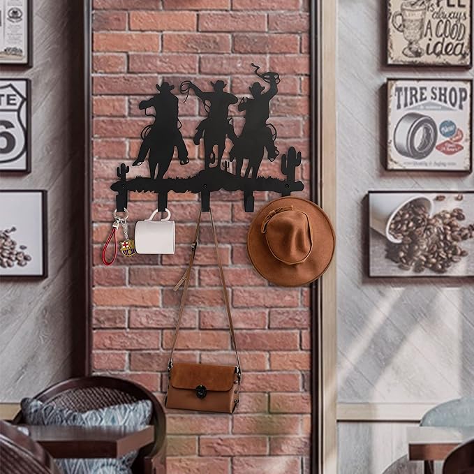 Western Cowboy Coat Hooks Wall Art Decor-Cowboy Hangers and Key Hooks Holder-Clothes Hat Rack and Backpack Hanger-Sweet Home Decor for Storage, Living Room, Hallway, Office (Black)