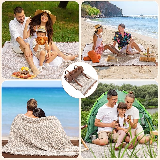 VitalCozy Waterproof Picnic Blankets Outdoor Blanket Foldable 2 in 1 Double Layer Sandproof Beach Mat with Carry Strap for Camping Lawn Park Beach Grass(Khaki)