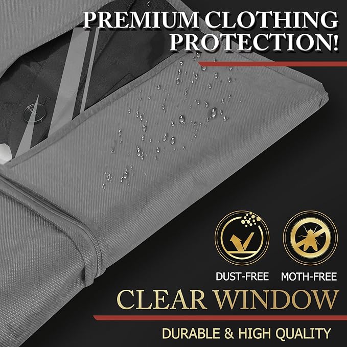 2 Pack 40-inch Suit Bag Garment Bag for Travel and Storage, Garment Bags for Hanging Clothes with Zipper and Visible Transparent Window, Waterproof Breathable Nonwoven Fabric, Gray