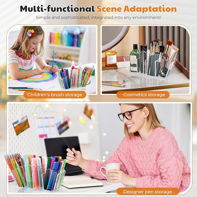 Scalloped Acrylic Pencil Holder – Clear Desk Organizer with 4 Compartments – Makeup Brush Holder & Remote Caddy for Office, Bathroom, Table – Party Accessory （4-Comp）