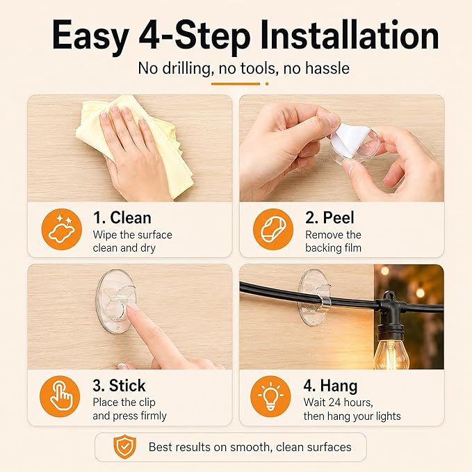 Hooks Lights Clips Outdoor String - 3X Stronger Adhesion 20Pcs Clear Heavy Duty Hangers Waterproof Adhesive - Sticky Removable 0 Residue No Drill Indoor Garage - for Patio Fence Gutters Wall Christmas