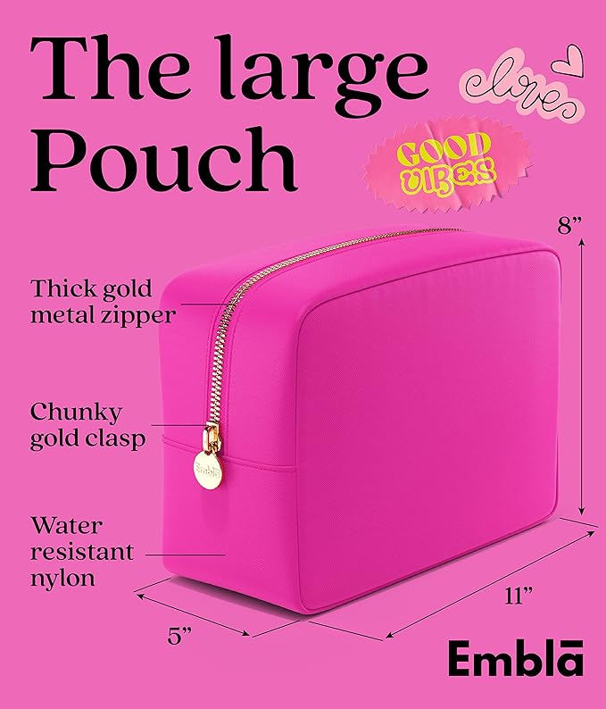 Embla Makeup Bag Travel Cosmetics Pouch and Toiletry Bag, Nylon Zipper Pouch Purse, Cute Make Up Organizer Storage Tote for Women Girls, Waterproof Travel Skincare Case, Large Makeup Bags, Fuchsia