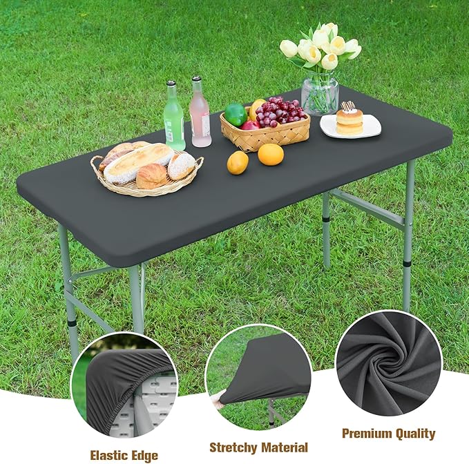 Fitted Rectangle Tablecloth 24 x 48 Inch Elastic Table Cloth for 4ft Table, Stretch Spandex Table Cover Grey Washable Polyester Table Top Cap Cover for Dining Picnic Camping Indoor and Outdoor