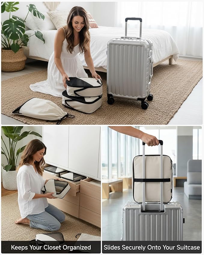 LUGGEX 6 Set Compression Packing Cubes for Travel, POX01 Luggage Organizers Bags, Suitcase Organizer with Shoe Bag Travel Accessories Essentials for Carry on & Checked (POX-En, Beige)