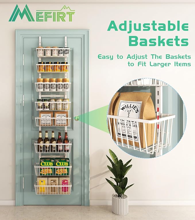 White 12 Inch Wide Narrow Over The Door Pantry Organizer, Pantry Organization and Storage, 8-Tier Metal Hanging Deep Basket Wall Spice Rack Seasoning Shelves, Home & Kitchen Essentials