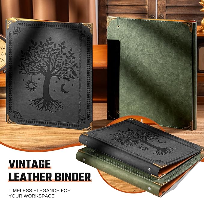 Ovesmusl PU Leather 3 Ring Binder 1 Inch Round Ring Binder Holds 200 Sheets 8.5"x11" Letter Size Paper, Wedding Family History Notebook Cover Loose Leaf Organizer, Black Tree