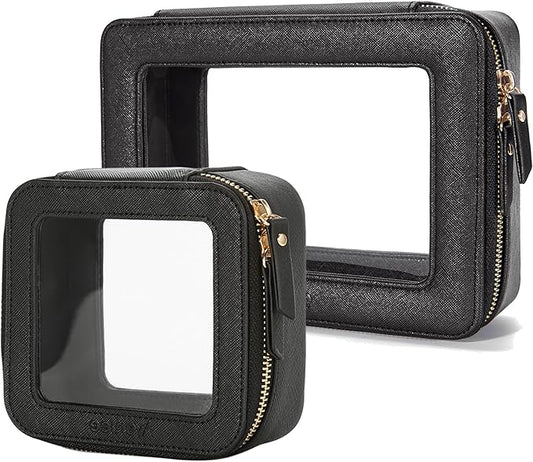 Aveniee Clear Makeup Bag Set (2-Piece Mini & Midi) - Travel Toiletry Organizer for Women, Waterproof Cosmetic Pouch & Car Accessory for Travel Size Toiletries, Black