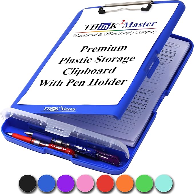 Think2Master Blue Plastic Storage Clipboard with Pencil Holder. | 25% Heavier & 25% Sturdier| Heavy Duty. Must Have for Nurses, Teachers & Classrooms.