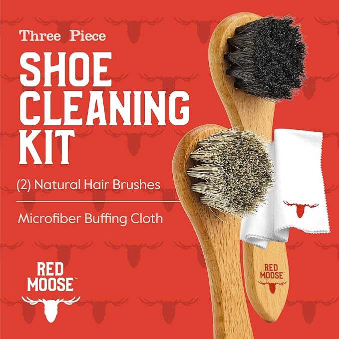 3pc Shoe Shine Kit - Shoe Brush and Cleaning Cloth Set - [2] Premium Horsehair Cleaning Brushes and X-Large Buffing Cloth - Leather Polish and Care Set for Shoes and Boots - Red Moose
