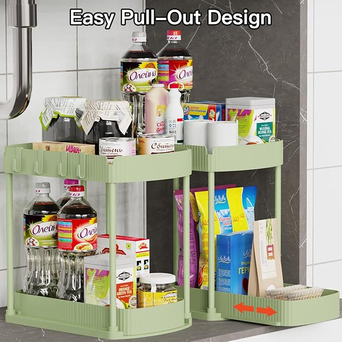 2 Pack Multi-Purpose Pull-Out Storage Organizers, Under Sink Organizers and Storage for Bathroom & Kitchen, Under Cabinet Organizers and storage, 14.8 Inch, Green