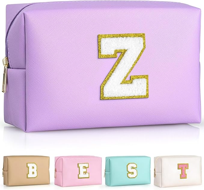 TOPEAST Preppy Makeup Bag, Small Cosmetic Travel Bags for Women, PU Leather Waterproof Toiletry Bag with Zipper, Personalized Birthday Gift for Women Girl, Preppy Gifts for Girl (Purple Z)