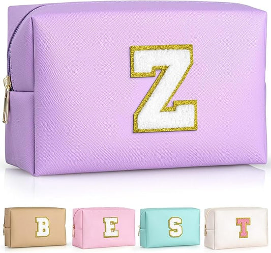 TOPEAST Preppy Makeup Bag, Small Cosmetic Travel Bags for Women, PU Leather Waterproof Toiletry Bag with Zipper, Personalized Birthday Gift for Women Girl, Preppy Gifts for Girl (Purple Z)