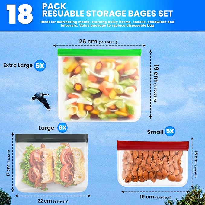 18-Pack Reusable Silicone Ziplock Food Storage Bags – BPA-Free, Leakproof Set with 5 Snack, 8 Sandwich & 5 Gallon Sizes – Extra Thick, Freezer Safe & Eco-Friendly for Kitchen, Meal Prep & Travel