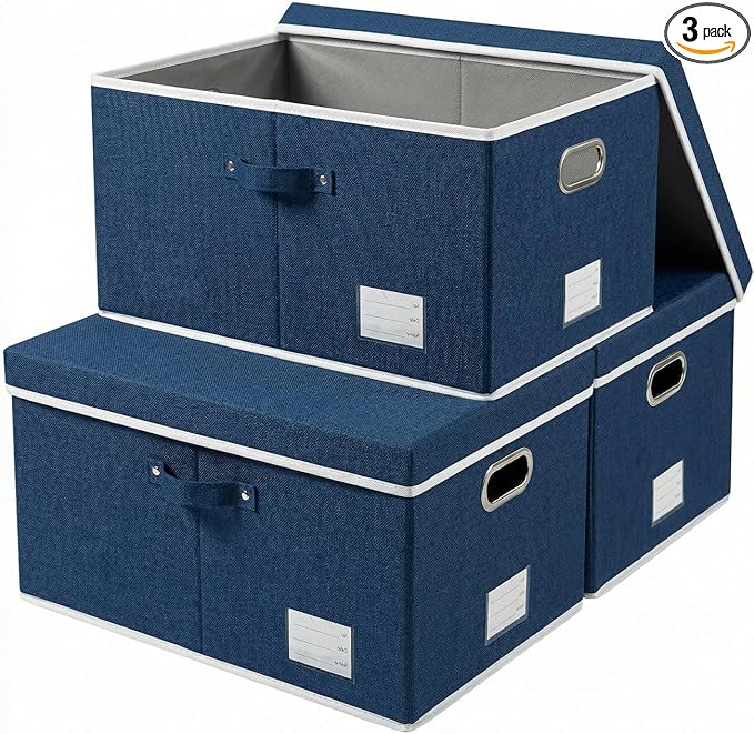 PRANDOM Storage Bins with Lids [3-Pack] Linen Fabric Foldable Storage Boxes Organizer Containers Baskets Cube with Cover for Bedroom Closet Office Royal Blue (23.4X15.9X11.4)