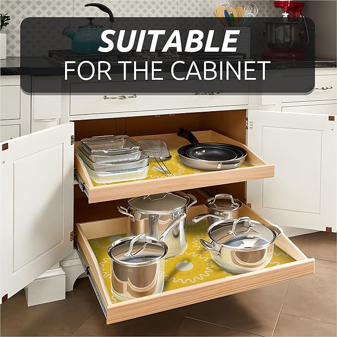 12X120 Inch Shelf Liner for Kitchen Cabinets, PVC Drawer Liner for Dresser Non-Slip Bathroom, Non-Adhesive Cabinet Liner Washable (Yellow Circle)(5 Roll)