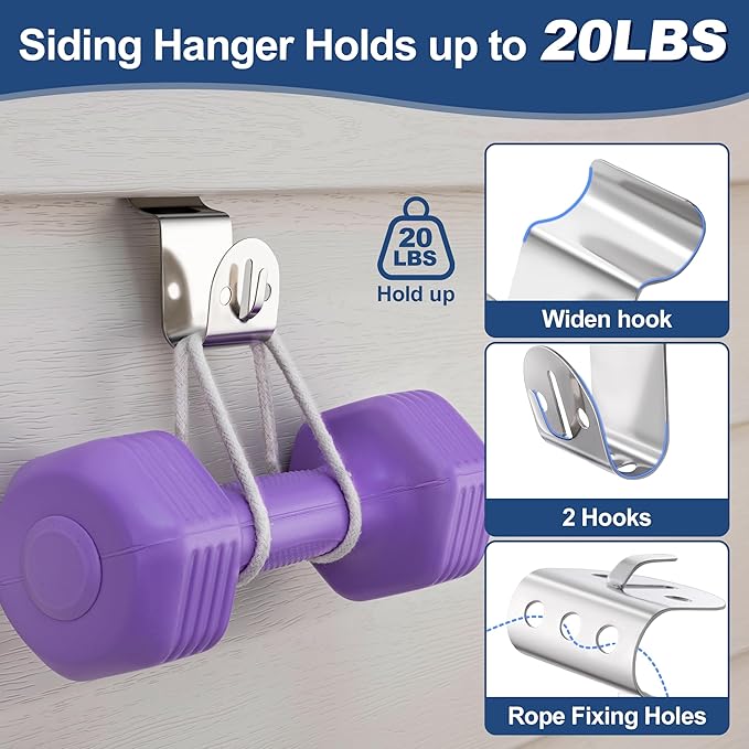 ANDGOO Vinyl Siding Hooks Heavy Duty, 8 Pack Stainless Siding Clips, No Hole Hooks Vinyl Hangers with String Light Holes for Hanging Outdoor Decor, Wreath, String Lights, Holds Up to 20lbs