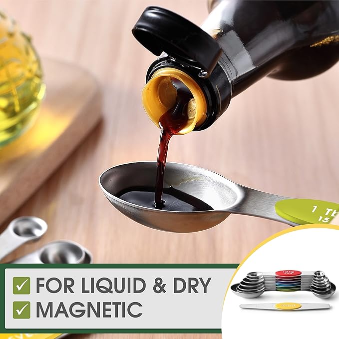 Spring Chef Stainless Steel Magnetic Measuring Spoons Set with Strong Magnets, Heavy Duty Metal Kitchen Essentials - Fits in Most Kitchen Spice Jars, Multicolor, Set of 8 with Leveler