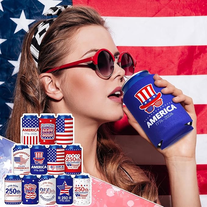 Yungyan 12 Pcs 4th of July American Can Cooler Patriotic Sleeves 250th Anniversary for 1776-2026 Independence Day Red Blue USA Flag Accessories Memorial Day for Party Favors Decoration(Classic Style)