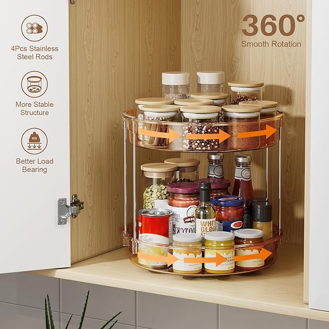 LAMU 2 Pack 2-Tier Lazy Susan Turntable Organizer 12'' Rotating Spice Rack Organization for Cabinet, Kitchen, Pantry, Countertop, Bathroom, Vanity, Medicine Cabinet Organizer, Amber