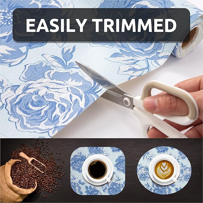 FIFTY FEET 18X96 Inch Shelf Liner for Kitchen Cabinets, PVC Drawer Liner for Dresser Non-Slip Bathroom, Non-Adhesive Cabinet Liner Washable (Blue Flower)(3 Roll)