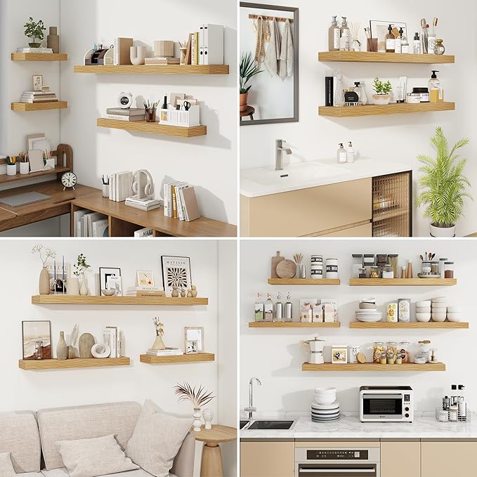 fuqing Floating Shelves for Wall, Wall Mounted Wood Floating Shelf with Invisible Brackets for Living Room, Bathroom, Bedroom, Kitchen Storage and Decor,6.5 Inch Set of 3, Oak