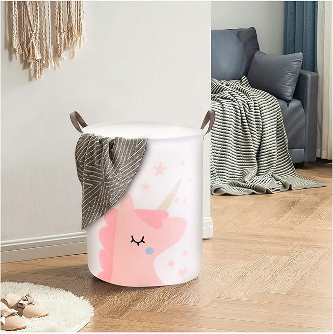 Mziart Kids Laundry Basket for Girls Boys, Cute Baby Laundry Hamper Waterproof Collapsible Large Storage Basket Nursery Toy Bin Home Decor Gift Baskets for Bathroom Bedroom 19.7 Inch (Pink Unicorn)