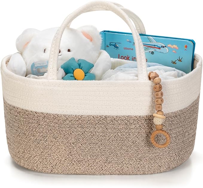 Diaper Caddy Organizer, Empty Gift Basket for Newborn Essentials, Baby Storage Basket, Stylish Gift Bag for Baby Shower, Boys and Girls – Large, White and Beige Brown