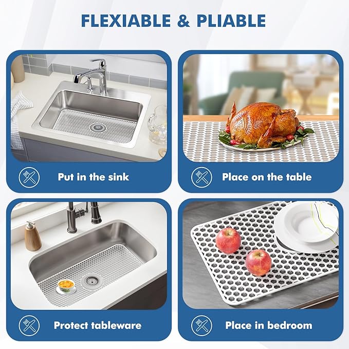 Silicone Sink Protectors for Kitchen Sink with Center Drain - 29.7"x 15.5" Kitchen Protector Accessory, Non-Slip Heat Resistant Mat for Bottom of Farmhouse Stainless Steel Porcelain (White)