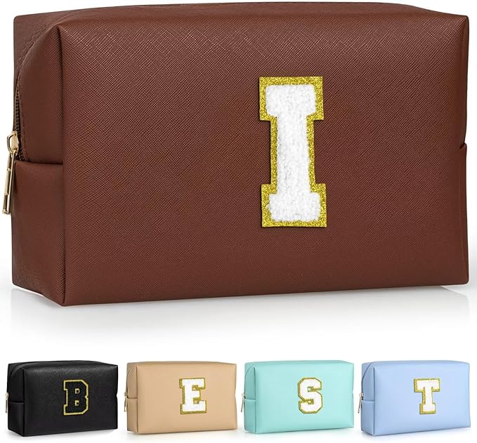 TOPEAST Preppy Makeup Bag, Cute Makeup Pouch PU Leather Waterproof Cosmetic Bag, Personalized Birthday Gifts for Mom Teacher Friends Bridesmaids Nurse, Trendy Stuff for Girls (Brown I)