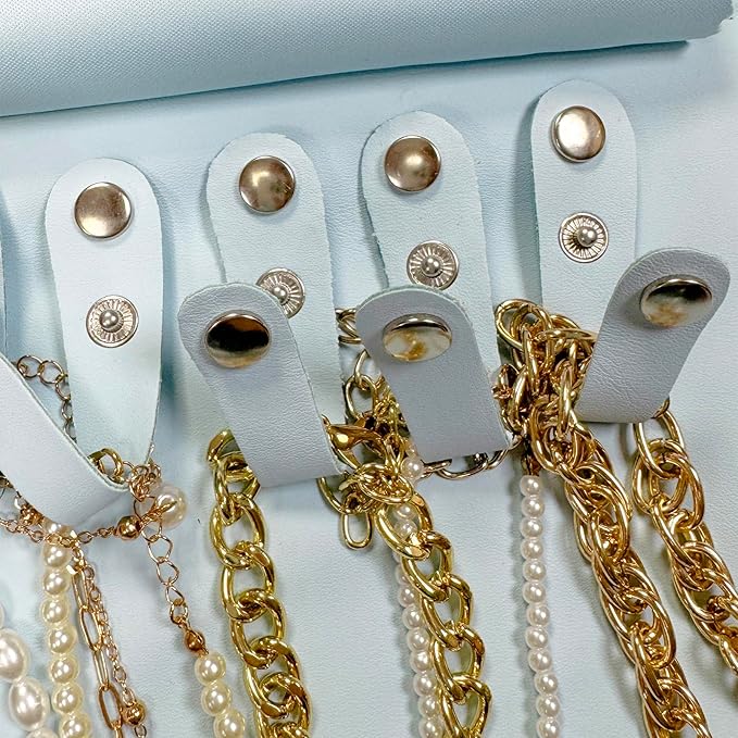 UnionPlus Travel Jewelry Roll, Faux Leather Necklaces Organizer Bag, Elastic Band and Anti-winding, Air Blue