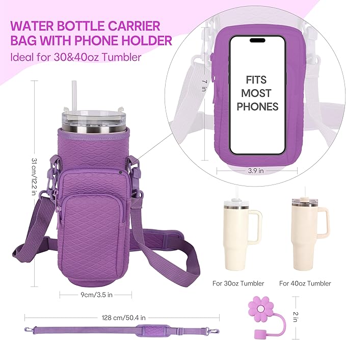 &And Per Se Water Bottle Shoulder Bag for Women, Neoprene Carrier with Phone Pocket & Purple Charm, Adjustable Crossbody Strap Fits Stanley 40oz Tumblers, Gift for Her (Purple)