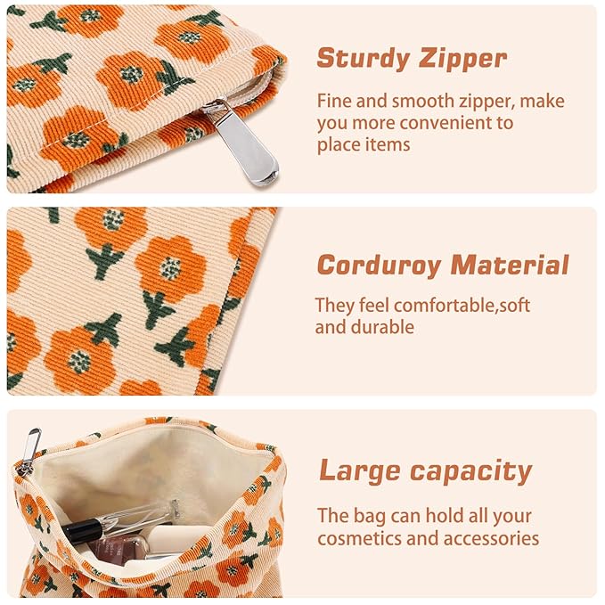 ZLFSRQ 2Pcs Daisy Flower Makeup Bag Travel Cute Cosmetic Bags for Women Large Floral Toiletry Pouch Zipper Cosmetic Pouch Set for Purse Aesthetic Corduroy Makeup Organizer Bag Portable Toiletry Bags