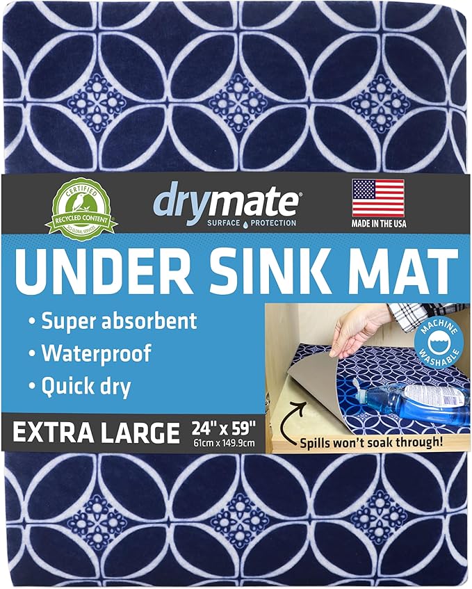 Drymate Premium XL Under Sink Mat, Waterproof Cabinet Protection Mats for Kitchen & Bathroom, Absorbent Shelf Liners, Slip-Resistant, Non-Adhesive, Machine Washable (USA Made)(24”x59”)(Indigo)