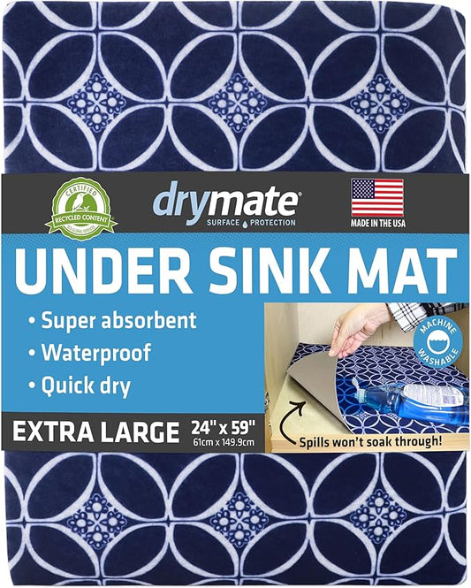 Drymate Premium XL Under Sink Mat, Waterproof Cabinet Protection Mats for Kitchen & Bathroom, Absorbent Shelf Liners, Slip-Resistant, Non-Adhesive, Machine Washable (USA Made)(24”x59”)(Indigo)