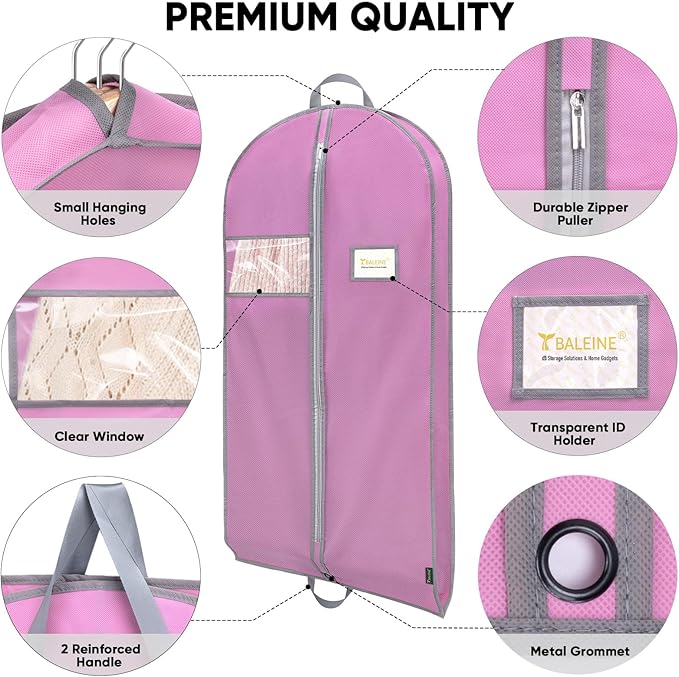 BALEINE 5PK Heavy Duty Garment Bag with Shoe Storage Travel Bag for Dresses, Suit, Coats Travel Essential (60", Pink)
