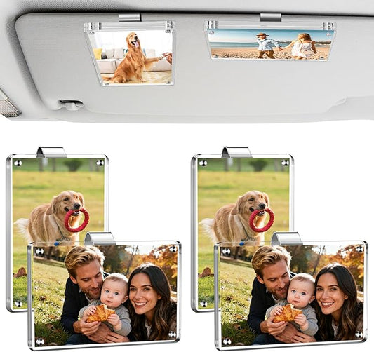 4 Pack Car Picture Holder, Clear Acrylic Magnetic Car Photo Holder, Horizontal & Vertical Photo Car Visor Photo Clip, Personalized Car Picture Frame, Suitable for Adding Family, Personal or Pets Photos