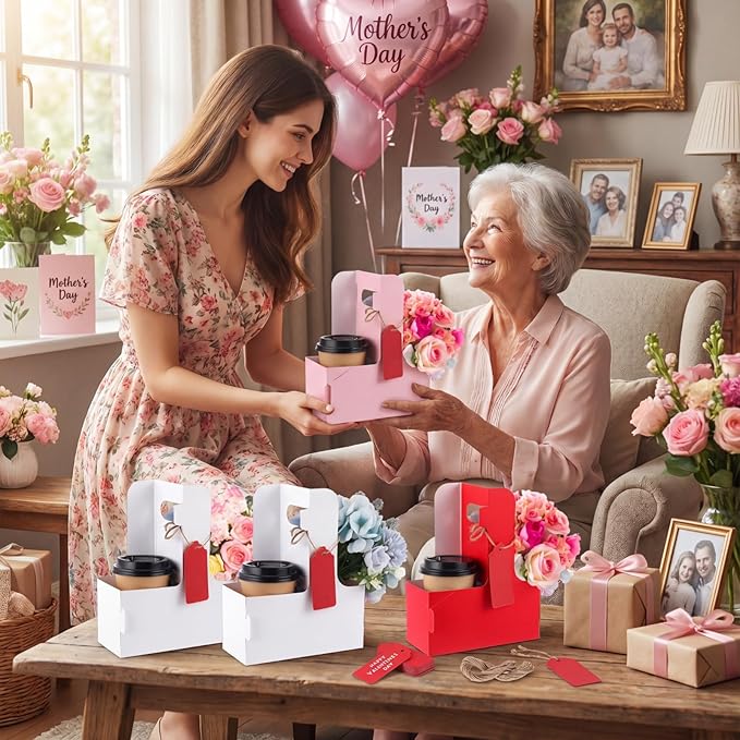 MotiMind 50 Pack Mother's Day 2 Cup Drink Carrier with Handle, Kraft Paperboard Teacher Cup Holder Portable for Hot Cold Drinks, Coffee Carrier Gift with Heart Card Rope (White,Pink)
