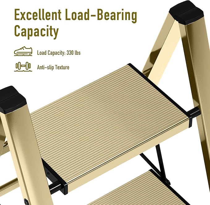 3 Step Ladder, Aluminum Folding Step Stool for Adults, Step Ladder with Wide Anti-Slip Pedal, 330 lbs Capacity for Home, Office, Kitchen, Library (Gold)