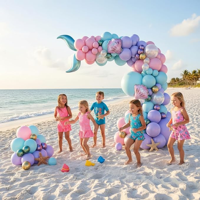 Mermaid Balloon Garland Arch Kit – Under the Sea Party Decorations with Pastel Pink, Blue, Purple, Gold Balloons, Shell & Tail Foil Balloons, Ocean Theme Birthday, Baby Shower Décor by Vellax®