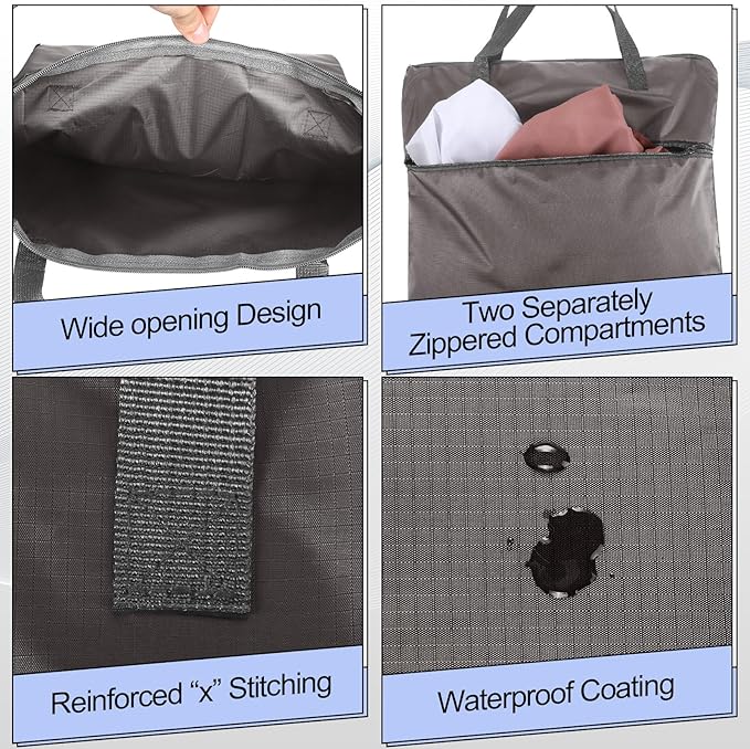 2 Pcs Travel Laundry Bags Waterproof with Handle Dirty Clothes Bag for Traveling Hanging Laundry Hamper with Two Zippered Pockets Washable Reusable for Sports Home Travel College Dorm (Gray)