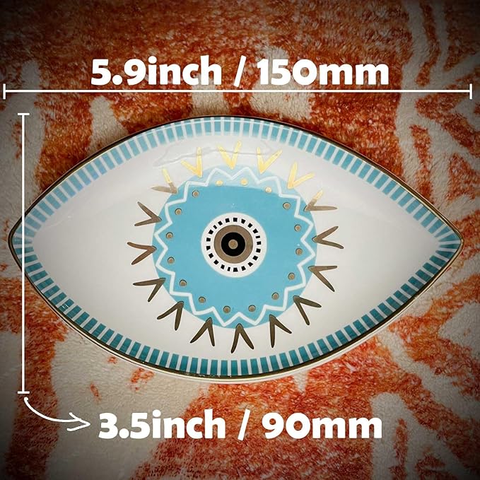 Exquisite Small Ceramic Jewelry Tray - Trinket Dish Evil Eye Decor, Gold Plate Ring Holder, Modern Boho Home Essentials, Perfume Organizer, Witchy, Aesthetic Room Decor (Blue)