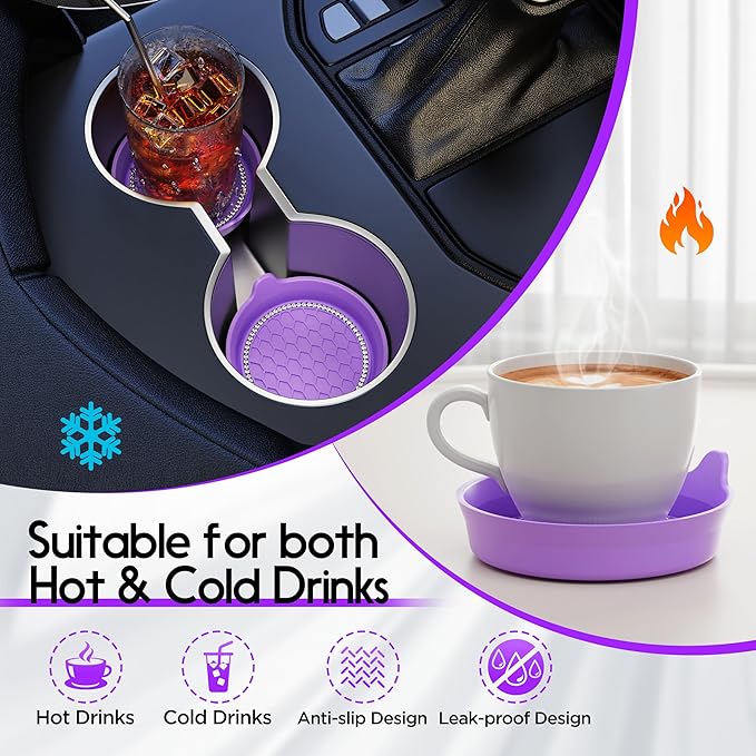 Amooca Car Cup Coaster Universal Non-Slip Cup Holders Bling Crystal Rhinestone Car Interior Accessories 4 Pack Purple